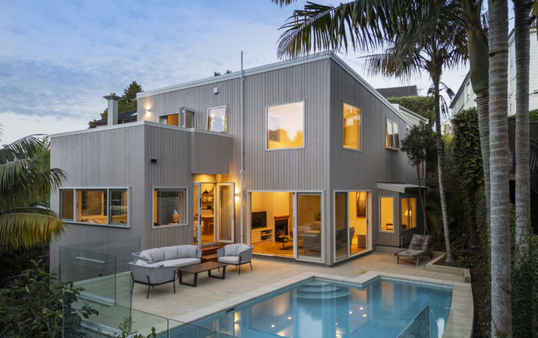 Rear exterior of St Georges Bay Rd renovation with Alaskan Yellow Cedar timber cladding