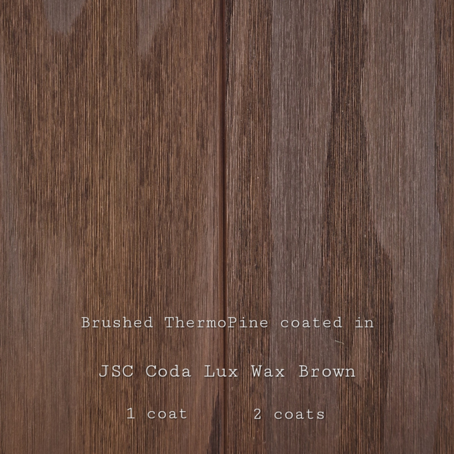 Brushed Thermo Pine Panelling coated JSC Coda Lux Wax Brown 1 coat 2 coats