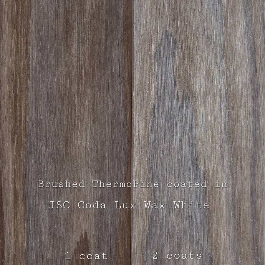 Brushed Thermo Pine Panelling coated JSC Coda Lux Wax White 1 coat 2 coats