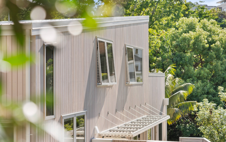 Exterior detail of St Georges Bay Rd renovation with Alaskan Yellow Cedar timber cladding