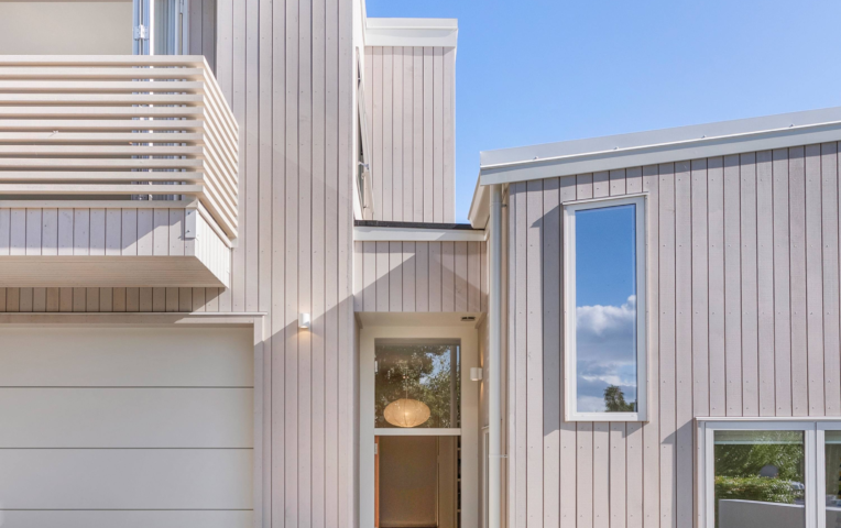 Front exterior of St Georges Bay Rd renovation with Alaskan Yellow Cedar timber cladding