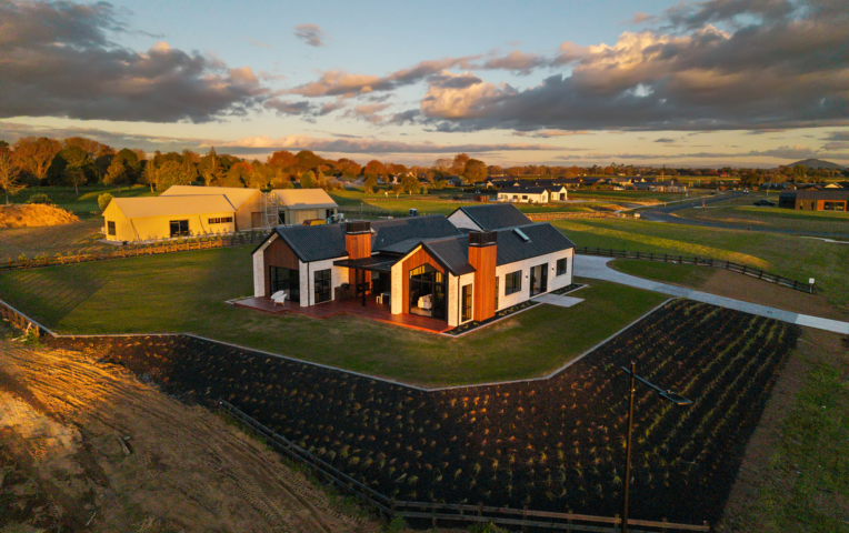 Aerial view of exterior cladding in TMT Taxon and Canyon Clay coating