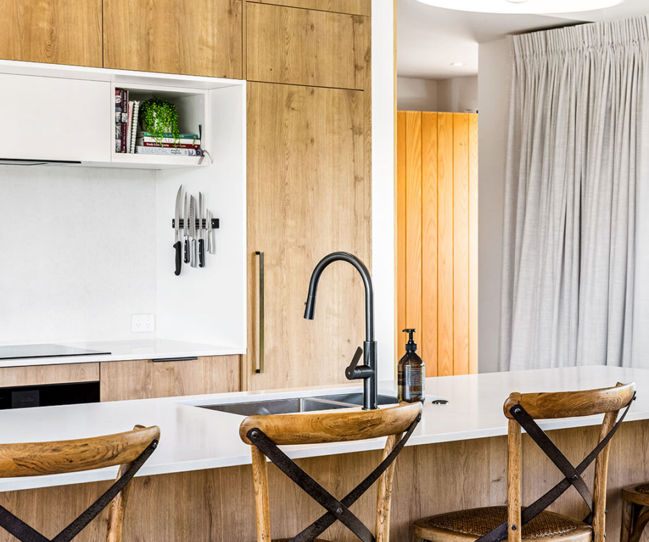 Kitchen detail of contemporary barn-style home in Point Wells