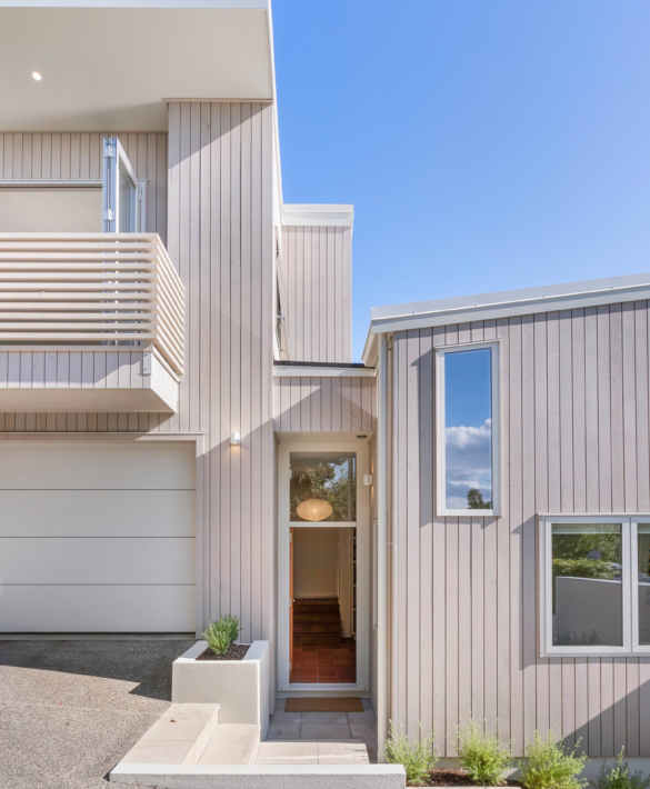 Front exterior of St Georges Bay Rd renovation with Alaskan Yellow Cedar timber cladding