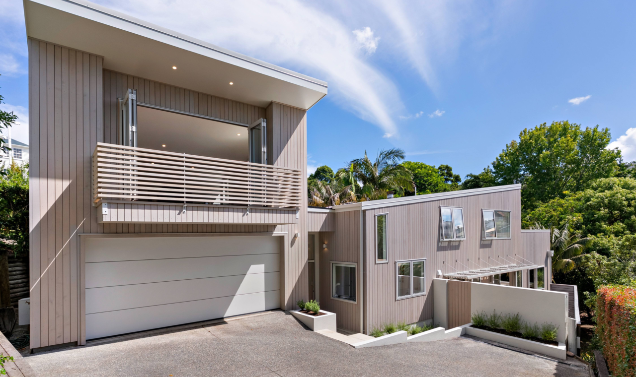 Front exterior of St Georges Bay Rd renovation with Alaskan Yellow Cedar timber cladding