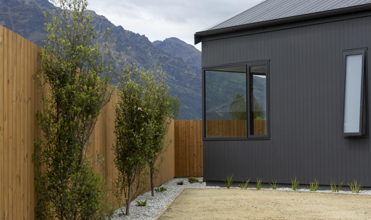 Exterior timber TMT Taiga fence at Jack's Point Queenstown Home