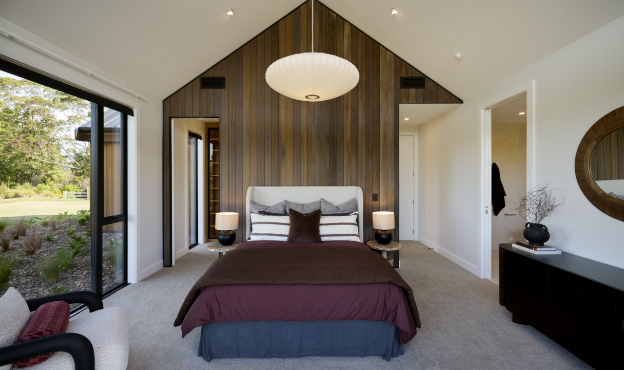 Interior of Palliser Downs Showhome featuring JSC's TMT Taxon interior timber panelling.